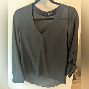 Atmosphere Black Sheer V-Neck Blouse Roll Tab Sleeve Size 2